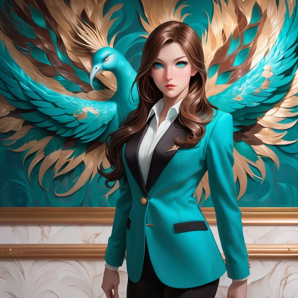 Prompt: Inside of a grand mansion, there is a long, elegant brown haired girl painting, on a wall with phoenix patterns. The girl in the painting has teal eyes. The girl in the painting has a serious face and is wearing a black and white suit. In front of the painting, stands a girl with elegant long brown hair. back view for the real girl. 