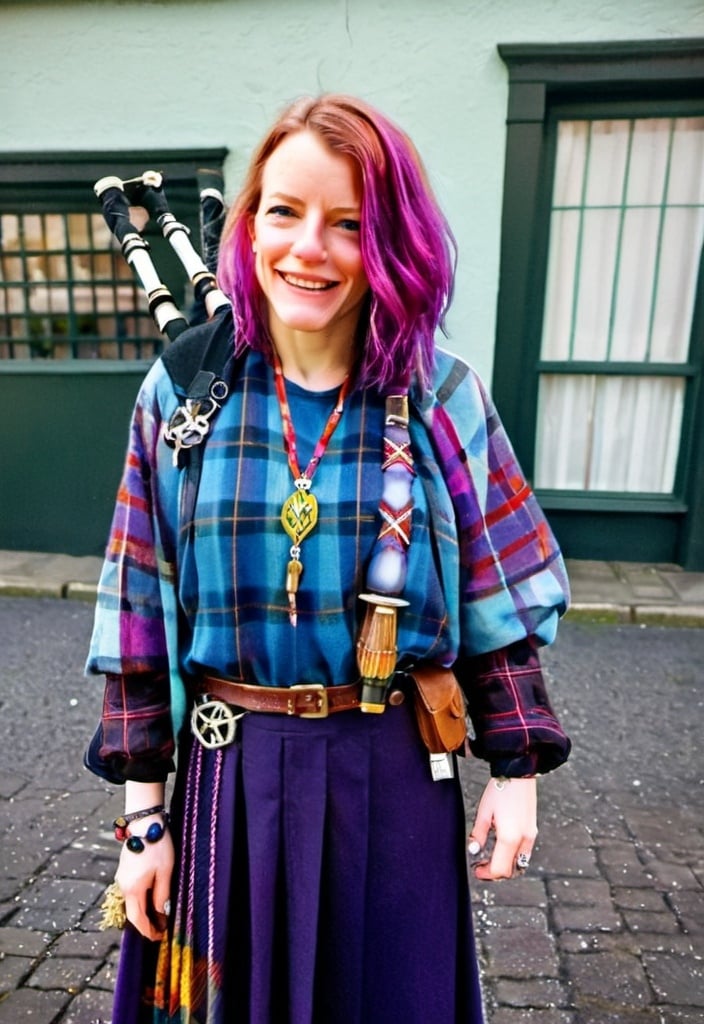Prompt: Hyperrealistic portrait of a woman bagpiper with beautiful purple hair wearing intricately detailed colorful Scottish clothing and jewellery.