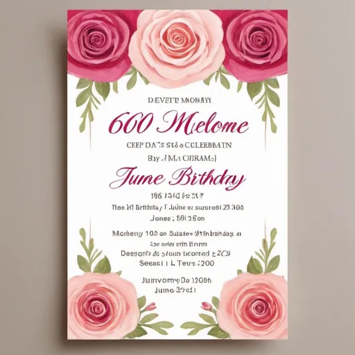 Prompt: Create a birthday invitation for my mother's 60th birthday celebration. The event will take place on June 20th. The design should be elegant and warm, reflecting the joy of the occasion. Please incorporate roses in the background but use them sparingly to avoid an overwhelming look. The text should include:

A warm welcome message.
The event details:
Date: June 20th
Time: [insert time]
Location: [insert location]
RSVP information: [insert contact details]
The overall tone should be celebratory and loving, suitable for a milestone birthday celebration.