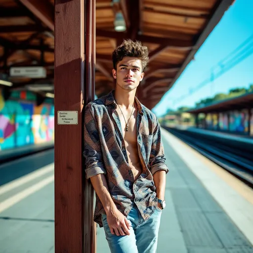 Prompt: Bathed in sunlight, a young man leans casually against a wooden support pole at a train station, exuding a relaxed yet confident demeanor. He sports a patterned shirt with geometric designs and light-colored jeans, complemented by a subtle necklace. The backdrop features tracks stretching into the distance, with vibrant murals on the station's walls adding color and life to the scene. The clear blue sky overhead suggests a warm day, while shadows stretch across the platform, hinting at the afternoon sun. The composition draws the eye to the subject while capturing a moment of anticipation at this bustling transit location.