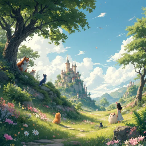 Prompt: Ghibli art style, whimsical landscape, enchanting details, vibrant colors, dreamy atmosphere, lush greenery, soft lighting, magical creatures, fantastical elements, intricate textures, warm hues, HD quality, captivating scenery, narrative depth, ethereal feel, reminiscent of nature, cinematic masterpiece.