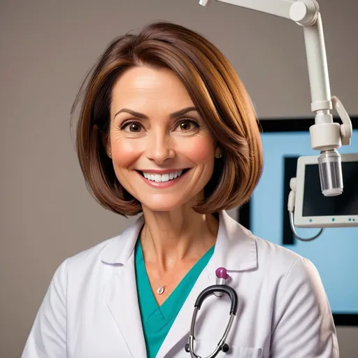 Prompt: middle aged doctor with straight bob cut brown hair that is shoulder  length with a stetescope on her neck, that is friendly and , smiling while she is teaching 