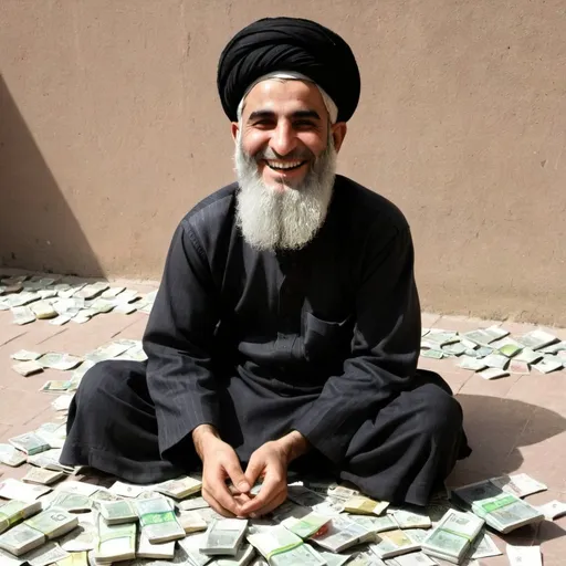 Prompt: A joyful (((Mullah))) seated on the ground with a smile, surrounded by a (((small pile of Iranian banknotes)))