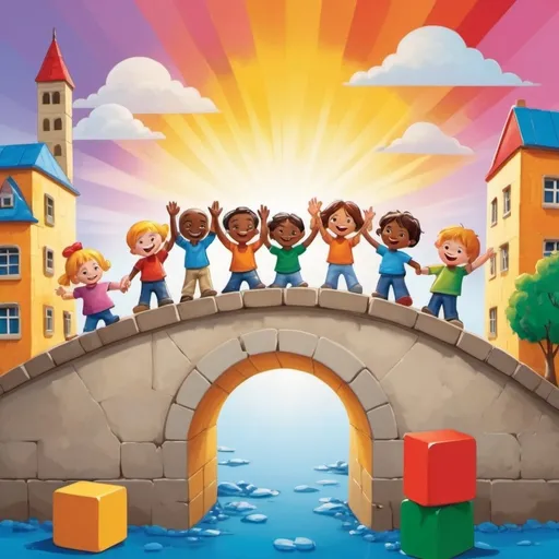 Prompt: (accurately spelled text "Des enfants construisant un pont avec des blocs marqués 'paix', 'respect', 'tolérance'"), happy children, construction of a vibrant bridge, colorful building blocks, (warm lighting), whimsical setting, playful environment, bright colors, emphasis on harmony and collaboration, uplifting atmosphere, (ultra-detailed), expressive faces, dynamic poses of teamwork, cheerful background depicting a sunny day.