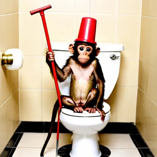 Prompt: a monkey on a toilet with a plunger on his head