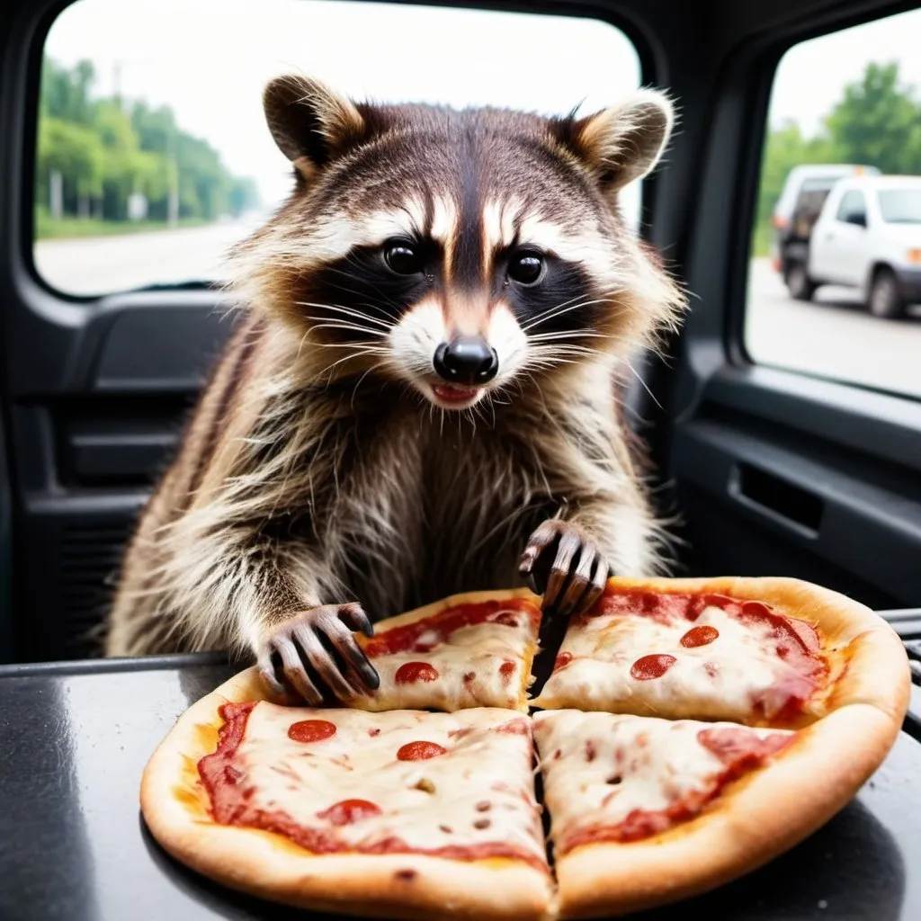 Prompt: a racoon eating a pizaa in a driving truck and the driver is a monkey