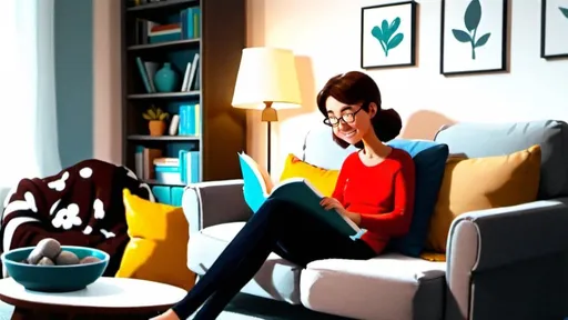 Prompt:  Animated A cozy living room, a mother is sitting on the couch, reading a book. 