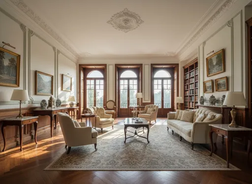 Prompt: I need realistc 3d model of a apartment whit old french style, high ceiling, big windows, white whit pale green accent and dark wood