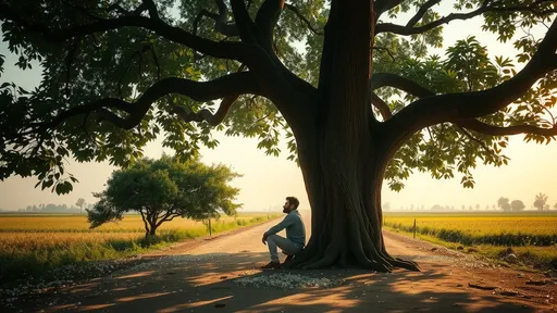 Prompt: a lonely indian man walks on a lonely village road of rural india, its a very hot sunny day, he see a huge jasmine tree and he goes and sits beneath the shadow, the sahdow of the tree is cold and he gasps air with relief, the man sits at the roots of the trees, his back is touched to the stem. the shadow is surrounded with jasmine flowers fallen on the ground