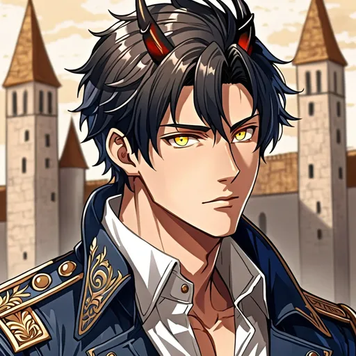 Prompt: Anime style, 1 boy, age 28, very detailed, handsome, fair skin tone, highly detailed, bright yellow eyes, down turned eyes, dark hair, highly detailed, dark horns, highly detailed, white shirt, dark blue jeans, military jacket, highly detailed, medieval 