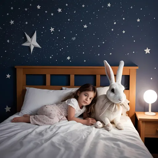Prompt: Ilustración de una niña de 5 años acostada en su cama, con un conejo blanco, el conejito, a su lado. La habitación es acogedora y decorada con estrellas y lunas en las paredes.