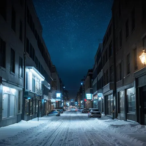 Prompt: downdown Street at night, snow, blue atmosphere, cartoony style