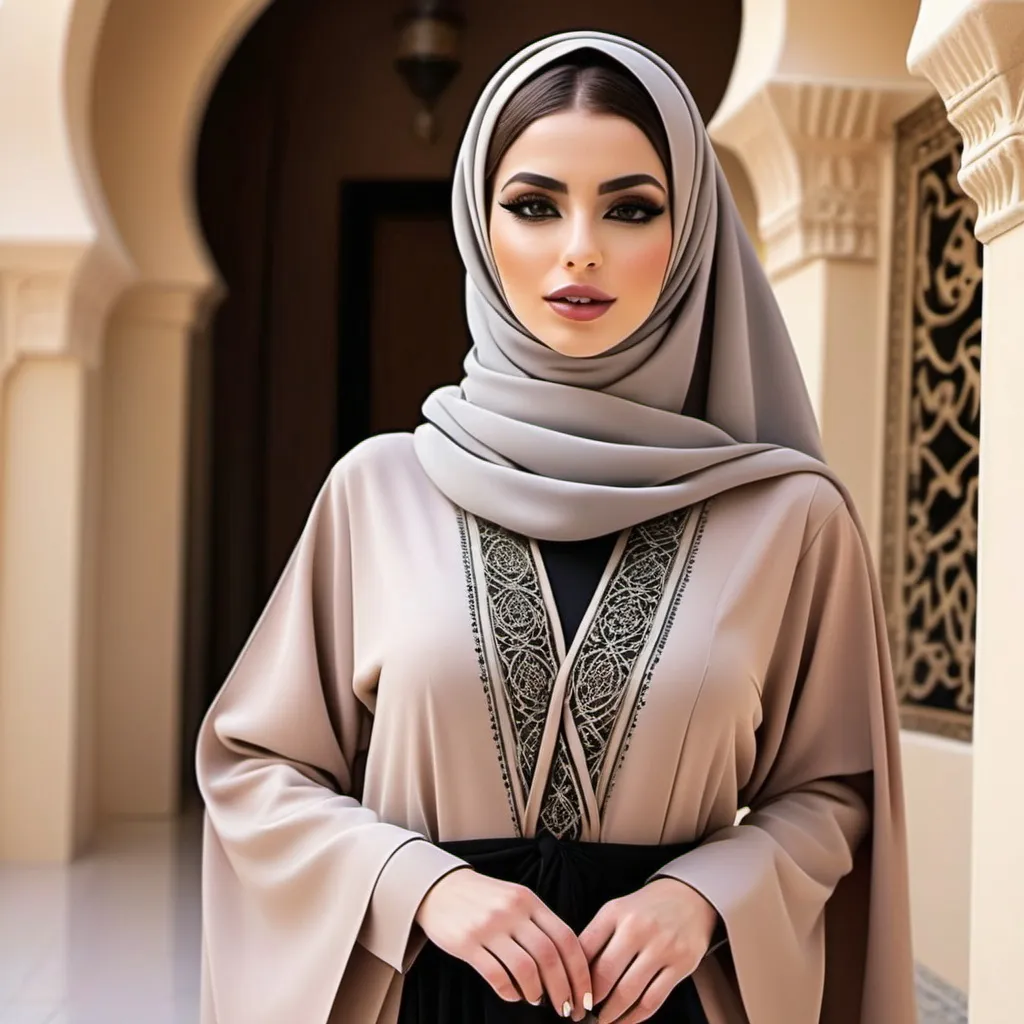 Prompt: Stylish Arabic abaya designs showcasing innovative , detailing, and beautiful layering, complemented by trendy masks and stylish scarves to enhance the overall look.