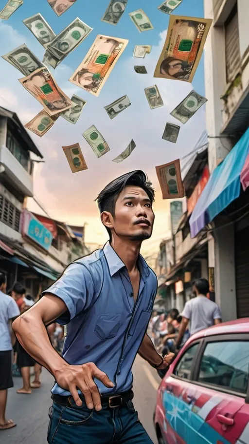 Prompt: "A Thai man standing in the middle of a street, with his hand outstretched, waiting to catch a 1,000 baht banknote floating down from the sky. The scene is illustrated in the style of Marvel comics, featuring a comic book panel layout with bold lines, vibrant colors, and dynamic shading to emphasize the dramatic moment."