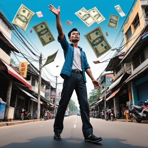 Prompt: "A Thai man standing in the middle of a street, with his hand outstretched, waiting to catch a 1,000 baht banknote floating down from the sky. The scene is illustrated in a Marvel comic book style, with bold lines, vibrant colors, and dynamic shading to capture the dramatic moment."