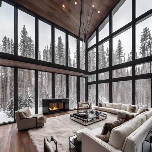 Prompt: a luxurious modern house with high ceiling, all glass windows and fireplace in the woods when snowy day.