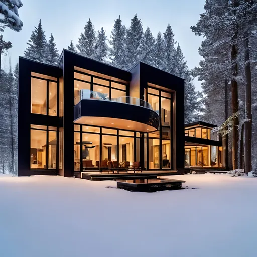 Prompt: a luxurious modern house with high ceiling, all glass windows and fireplace in the woods when snowy day.