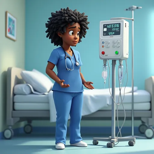 Prompt: In Style of Pixar,  
CHARACTER AGE Years Old 42-year-old nurse
RACE,  Black
GENDER,  Female
Textured HAIR COLOR AND HAIR STYLE,  Black curly hair with white strands
OUTFIT COLOR AND STYLE, Blue scrubs, with a stethoscope around her neck
COLOR SHOES , White tennis shoes
STANDING DESCRIBE LOCATION,, standing next to the patient’s bed, in a patient room, beside her is the intravenous pump
LOOKING DESCRIBE FACIAL EXPRESSION, frustrated, looking at the intravenous pump. Her hands on the pump
full body, open hands, soft curly textured hair, pixar

