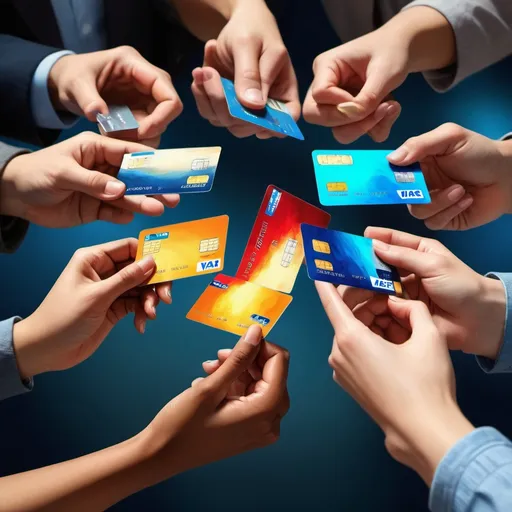 Prompt: Group of people holding credit cards, realistic digital painting, diverse group, focused expressions, high quality, realistic, modern, diverse, financial transaction, detailed hands, professional, vibrant colors, realistic lighting