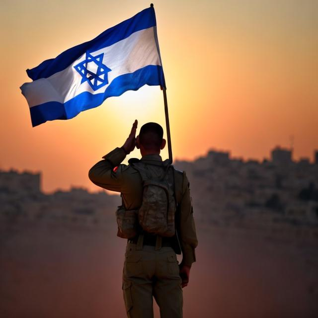 Prompt: An Israeli soldier in an army uniform waves the Israeli flag at sunset
