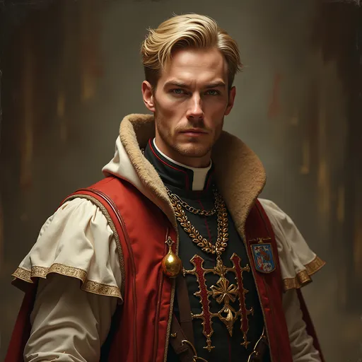 Prompt: Create rpg character portrait. It should look like Jude Law from The Young Pope but in Warhammer 40k style.
He should be tall, with blond hair and cardinal insignia 