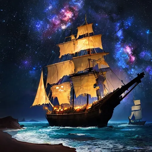 Prompt: Galaxy sky with old pirate ship. The scenery is magical and fairytale 