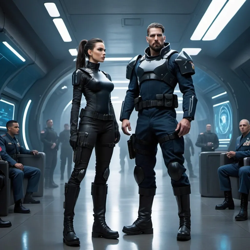 Prompt:  a short white woman, long dark hair, black futuristic military uniform, armed, long military boots, standing by a tall, buffed, huge white man, with a wide jaw with stubble, navy-blue futuristic military uniform, armed, brown hair in man-bun, long military boots, science fiction, cyberpunk, futuristic