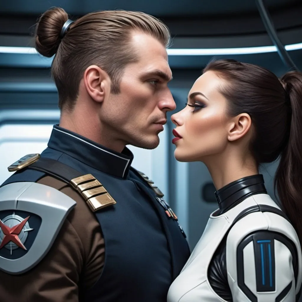 Prompt: a very tall, buffed, huge white man, with wide jaw with stubble, navy-blue futuristic military uniform, brown hair in man bun, kissing a short white woman, long dark hair, black futuristic military uniform, science fiction, cyber punk, futuristic