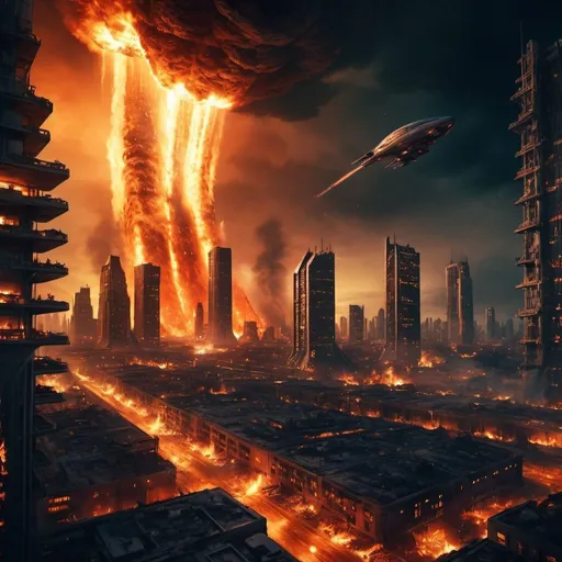 Prompt: Detailed science fiction city on fire at night, alien aircraft leaving surface, futuristic buildings engulfed in flames, high quality, ultra-detailed, sci-fi, fire-lit cityscape, alien departure, intense glow, futuristic, apocalyptic, detailed wreckage, dynamic composition, atmospheric lighting