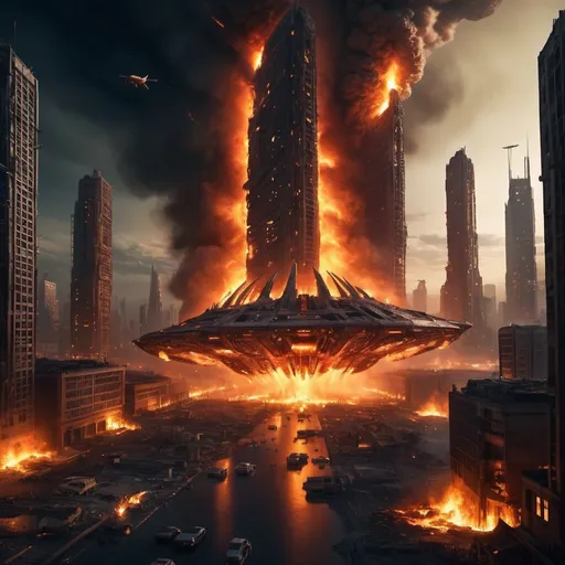 Prompt: Detailed science fiction city on fire at night, alien aircraft leaving surface, futuristic buildings engulfed in flames, high quality, ultra-detailed, sci-fi, fire-lit cityscape, alien departure, intense glow, futuristic, apocalyptic, detailed wreckage, dynamic composition, atmospheric lighting