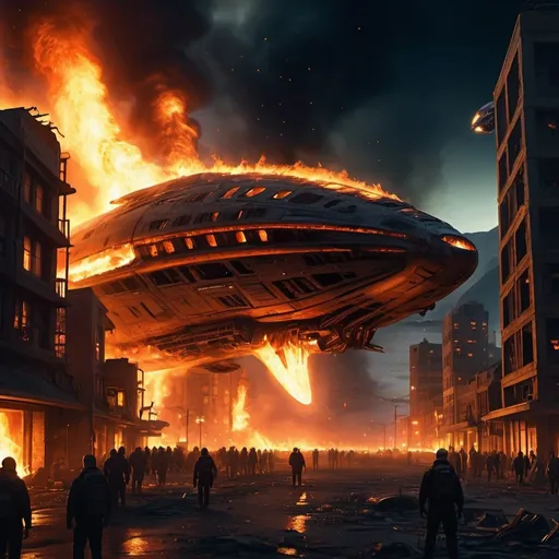 Prompt: Detailed science fiction town on fire at night, alien aircraft leaving surface, futuristic buildings engulfed in flames, high quality, ultra-detailed, sci-fi, fire-lit townscape, alien departure, intense glow, futuristic, apocalyptic, detailed wreckage, dynamic composition, atmospheric lighting