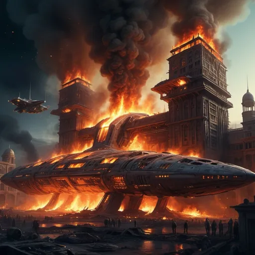 Prompt: Detailed science fiction fort on fire at night, alien aircraft leaving surface, futuristic buildings engulfed in flames, high quality, ultra-detailed, sci-fi, fire-lit townscape, in the back the palace intact, alien departure, intense glow, futuristic, apocalyptic, detailed wreckage, dynamic composition, atmospheric lighting