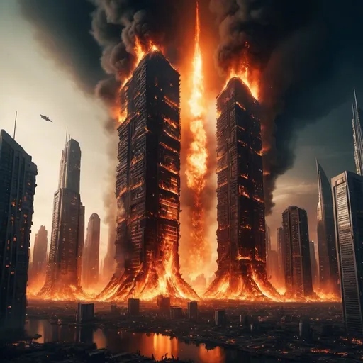 Prompt: Detailed science fiction city on fire at night, alien aircraft leaving surface, futuristic skyscrapers engulfed in flames, high quality, ultra-detailed, sci-fi, fire-lit cityscape, alien departure, intense glow, futuristic, apocalyptic, detailed wreckage, dynamic composition, atmospheric lighting