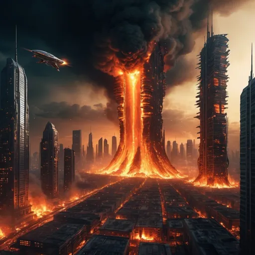 Prompt: Detailed science fiction city on fire at night, alien aircraft leaving surface, futuristic skyscrapers engulfed in flames, high quality, ultra-detailed, sci-fi, fire-lit cityscape, alien departure, intense glow, futuristic, apocalyptic, detailed wreckage, dynamic composition, atmospheric lighting