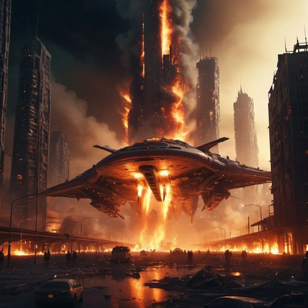 Prompt: Detailed science fiction city on fire at night, alien aircraft leaving surface, futuristic buildings engulfed in flames, high quality, ultra-detailed, sci-fi, fire-lit cityscape, alien departure, intense glow, futuristic, apocalyptic, detailed wreckage, dynamic composition, atmospheric lighting