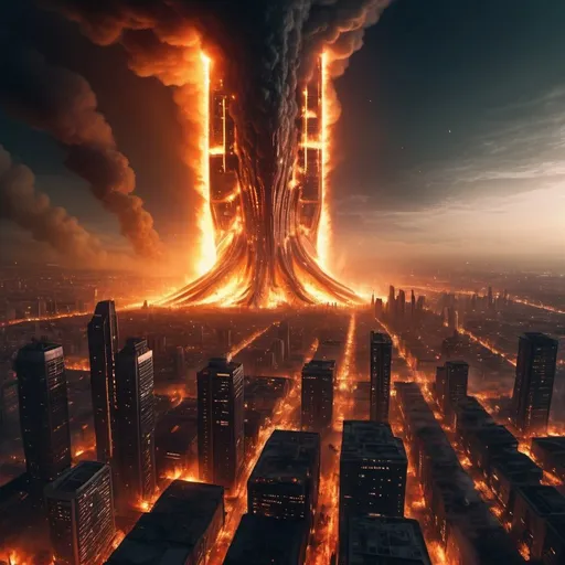 Prompt: Detailed science fiction city on fire at night, alien aircraft leaving surface, futuristic skyscrapers engulfed in flames, high quality, ultra-detailed, sci-fi, fire-lit cityscape, alien departure, intense glow, futuristic, apocalyptic, detailed wreckage, dynamic composition, atmospheric lighting