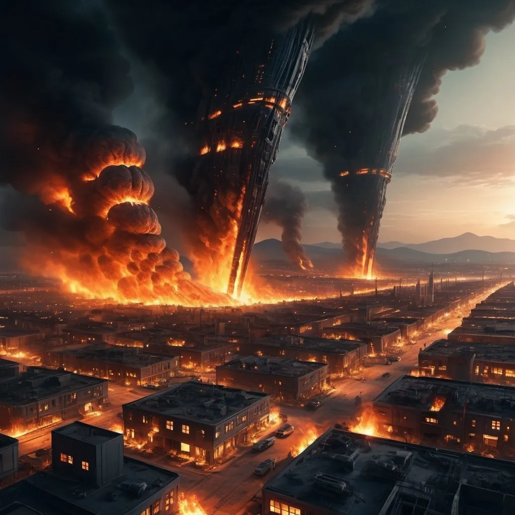 Prompt: Detailed science fiction town on fire at night, alien aircraft leaving surface, futuristic buildings engulfed in flames, high quality, ultra-detailed, sci-fi, fire-lit townscape, alien departure, intense glow, futuristic, apocalyptic, detailed wreckage, dynamic composition, atmospheric lighting