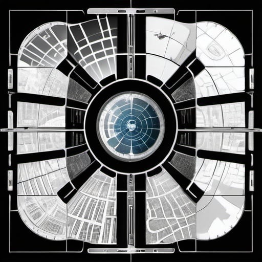 Prompt: science fiction futuristic black-and-white map of a square city divided  in 9 Sections. 8 sections encircle the main section. science fiction futuristic picture