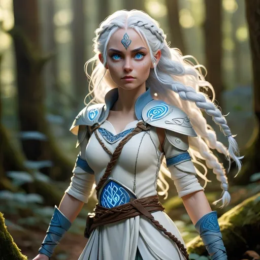 Prompt: adult female Air genasi fighter in a mystical forest around sunlight, white flowy hair with small celtic braids, glowing blue eyes, BLUE SKIN, decorative white outfit