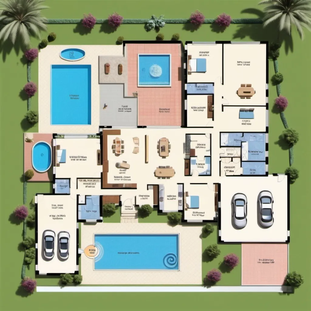 Prompt: Villa floor plan with spacious kitchen, store room, dining room, living room, reading drawing room, 3 bedrooms 2 bedroom with attached bathroom and 1 kids room, outside pool, kitchen garden. Sit out, fountain in the entrance.