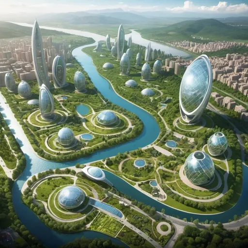 Prompt: garden city, futuristic buildings, river, forests, agriculture, hills, hiperloop