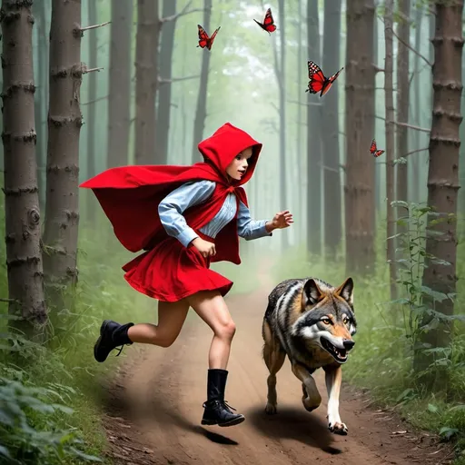 Prompt: the riding red hood is running after butterflies in the wood when the wolf is running back away.