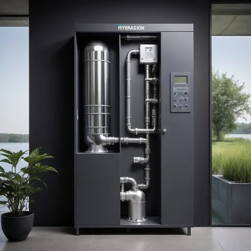 Prompt: A striking photo of a modern, dark grey metal cabinet labeled "HYDRAFUSION" that houses a water pump and connected to a large solar panel or panels. The cabinet features sleek, minimalist design with a futuristic touch. Intricate water pipes are visible, running in and out of the cabinet, with one pipe extending towards a nearby lake. The lake's surface gently ripples from the water flow, reflecting the surrounding nature. The overall ambiance of the image is clean and efficient, with an emphasis on modern technology and eco-friendly design.

