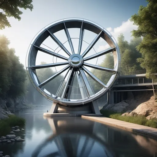 Prompt: Ultra-modern water wheel on a river, sleek and futuristic design, generating 300MW of power, high-tech materials, advanced engineering, crystal-clear reflections, high quality, ultra-detailed, modern, sustainable energy, futuristic, sleek design, powerful, industrial, dynamic lighting