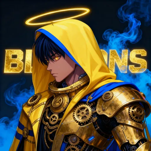 Prompt: Anime male character in golden futuristic armor with intricate mechanical gears and patterns. Wearing a hooded cloak with blue accents, glowing golden halo above his head. Side profile pose, intense gaze, cinematic shading. Background glowing with mystical blue smoke. Bold glowing text “BILLIONS” in gold font behind him. Ultra-detailed digital painting, sharp focus, high contrast, majestic and futuristic style