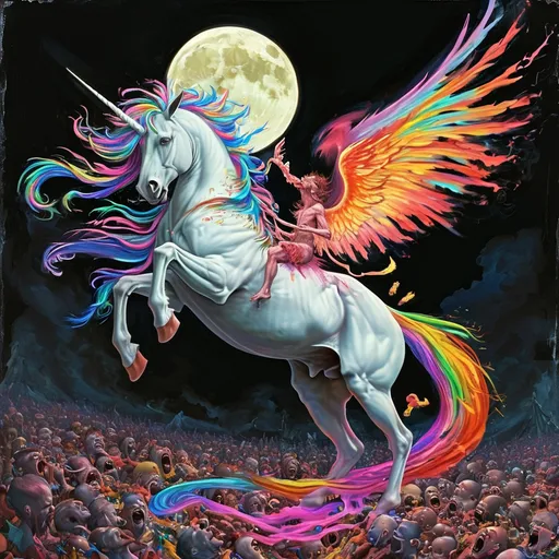 Prompt: A unicorn made of Opal, rainbow mane, tail is skinning a fat evil man to death, hell, millions of bodies screaming in pain, huge moon a angel and demon is making ou, rainbow fire