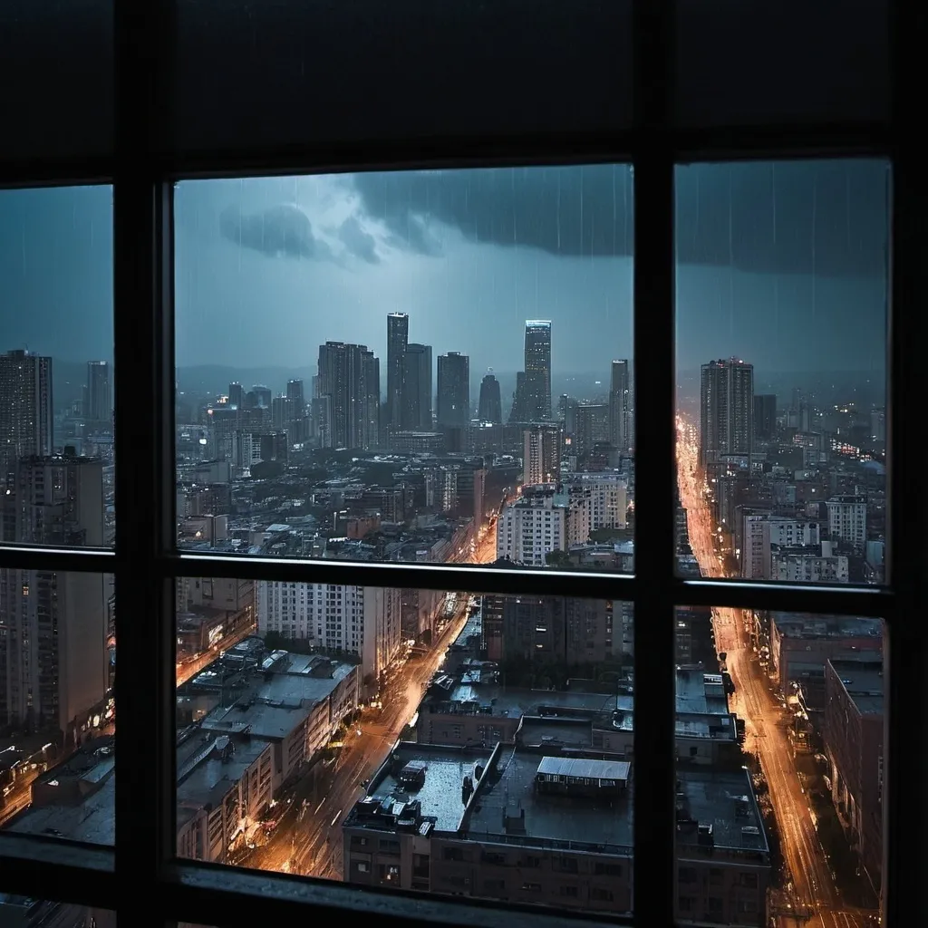 Prompt: ""Rainy evening cityscape viewed from a high-rise building"."