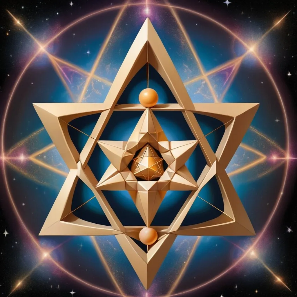 Prompt: A Merkaba represented by a star tetrahedron, symbolizing balance, stability, and integration of masculine (logic and rationality) and feminine (emotion and intuition) energies.