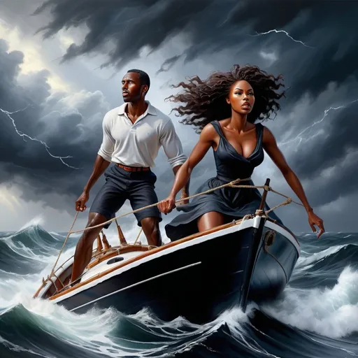 Prompt: Brave black man and black woman in full form sailing against stormy sea, realistic oil painting, dramatic waves crashing, intense stormy atmosphere