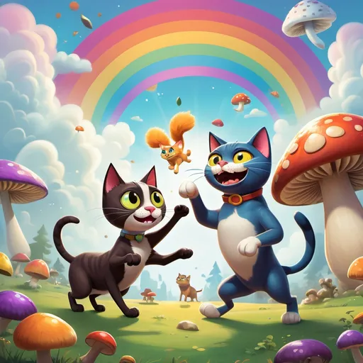 Prompt: "A cartoon-style image of a cat and a dog having a playful battle in a fantasy world. The cat is a sleek, fierce character with big, exaggerated eyes, and the dog is a strong, cheerful character with a big smile. Both are in a whimsical, colorful setting with a rainbow in the sky, floating clouds, and giant mushrooms. The cat is playfully swatting at the dog, and the dog is playfully barking back, with comic-style speech bubbles showing fun banter."

